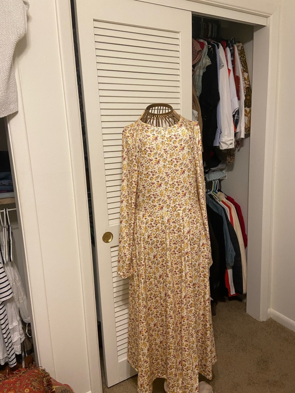 Women's Long Sleeve Cream Maxi Dress with Yellow & Pink Floral Print